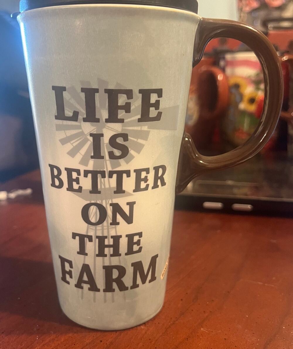 "Life is Better on The Farm" Grey Blue and Brown Tall Coffee Cup Cypress Home